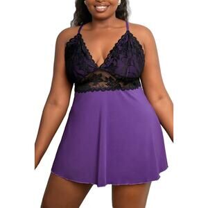 Womens Purple Lingerie Nightie Chemise Slip Black Lace Bust and GString Panty 4X